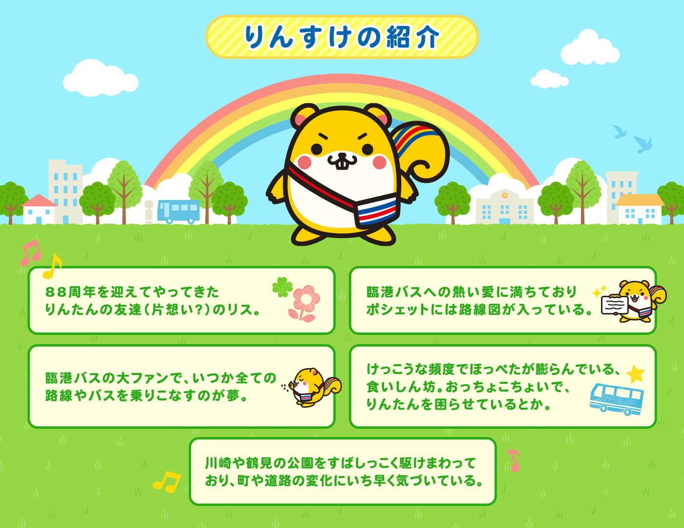 ・88周年を迎えてやってきたりんたんの友達（片想い？）のリス。・臨港バスへの熱い愛に満ちておりポシェットには路線図が入っている。・臨港バスの大ファンで、いつか全ての路線やバスを乗りこなすのが夢。・けっこうな頻度でほっぺたが膨らんでいる、食いしん坊。おっちょこちょいで、りんたんを困らせているとか。・川崎や鶴見の公園をすばしっこく駆けまわっており、町や道路の変化にいち早く気づいている。